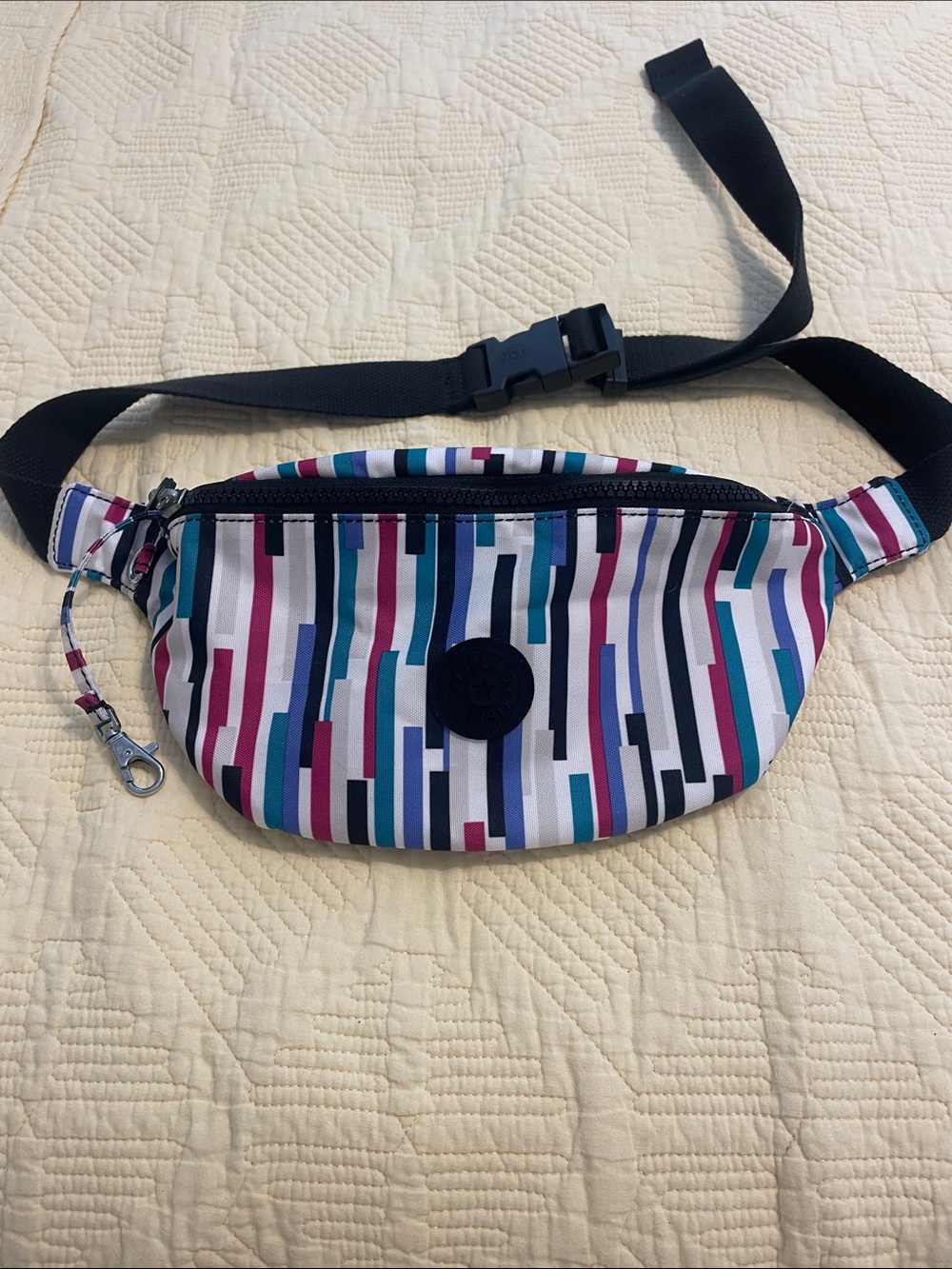 Kipling Multicolor Striped Waist Bag in White, Black, Teal, Purple, Pink